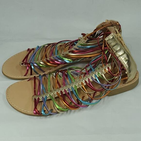Olive & Eddie Girls Gladiator Sandals – Rainbow Strappy, Gold Zip Back, Size 6M - Picture 1 of 5